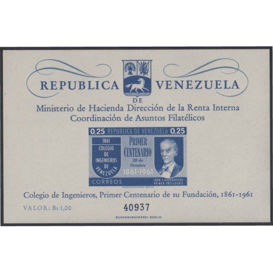 Venezuela 4 HB 1961 I Centenario del Colegio de Ingenieros sin goma Venezuela 4 HB 1961 I Centenario del Colegio de Ingenieros sin goma