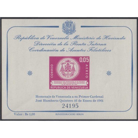 Venezuela 5 HB 1962 Homenaje al Cardenal José Humberto Quintero MH Venezuela 5 HB 1962 Homenaje al Cardenal José Humberto Quintero MH