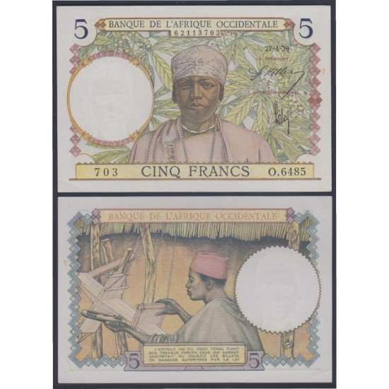 África Occidental Banque Afrique Occidentale (BAO) 5 francs 1939 billete banknote sin circular África Occidental Banque Afrique Occidentale (BAO) 5 francs 1939 billete banknote sin circular
