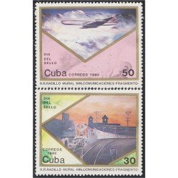 Cuba 3021/22 1990 Día del sello Mural Avión Tren MNH