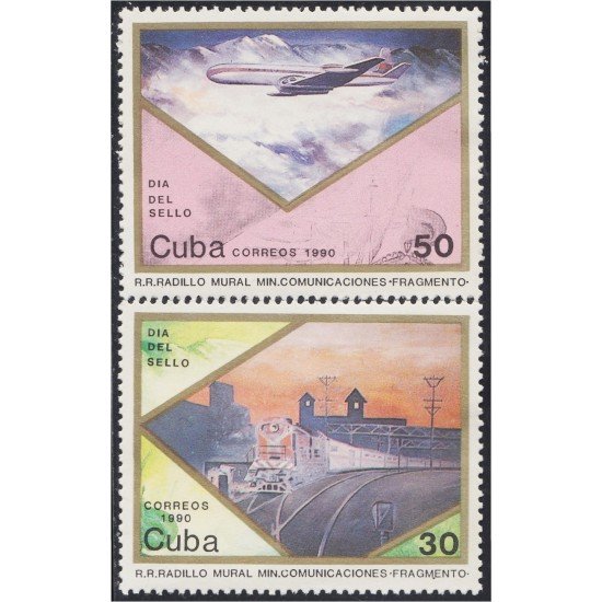 Cuba 3021/22 1990 Día del sello Mural Avión Tren MNH Cuba 3021/22 1990 Día del sello Mural Avión Tren MNH