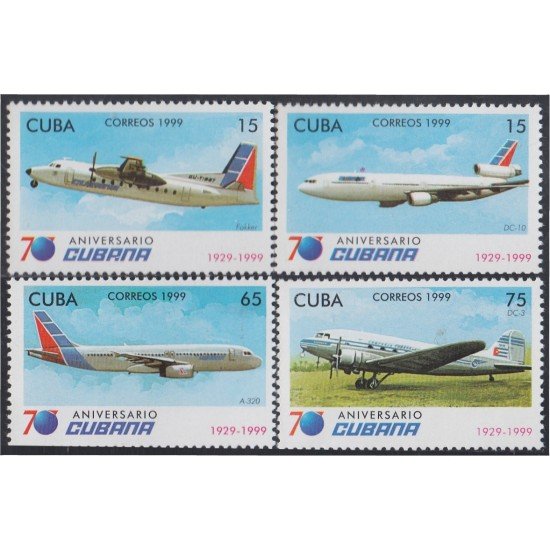 Cuba 3834/37 1999 70 Aniversario de Cubana de Aviación Aviones planes MNH Cuba 3834/37 1999 70 Aniversario de Cubana de Aviación Aviones planes MNH