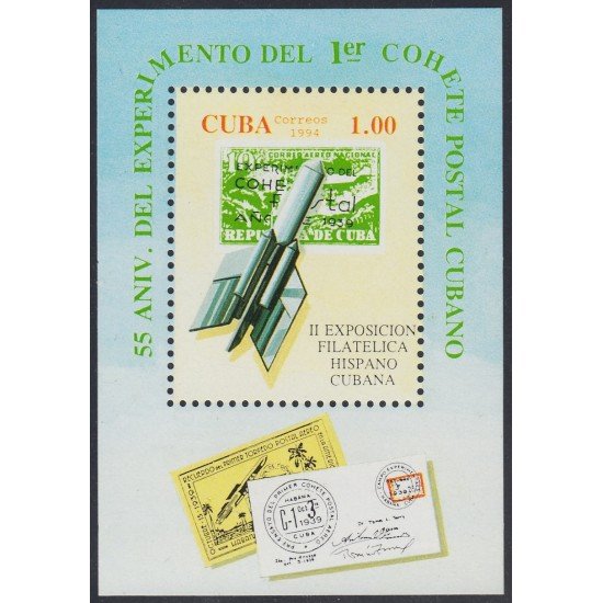 Cuba HB 139 1994 55 Aniversario del 1er experimento de cohete postal cubano MNH Cuba HB 139 1994 55 Aniversario del 1er experimento de cohete postal cubano MNH