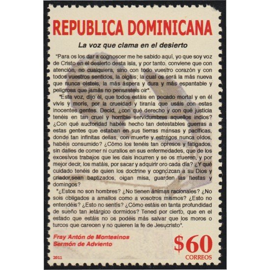 Rep. Dominicana 1651A 2011 Fray Antón de Montesinos Sermón de Advientos MNH Rep. Dominicana 1651A 2011 Fray Antón de Montesinos Sermón de Advientos MNH