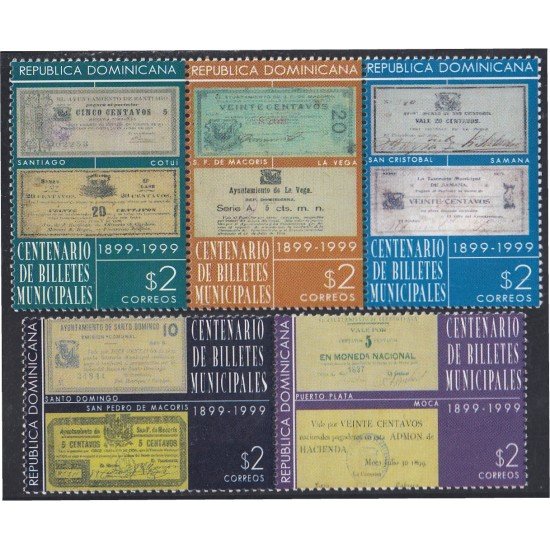Rep. Dominicana 1409/13 1999 Centenario de Billetes Municipales MNH Rep. Dominicana 1409/13 1999 Centenario de Billetes Municipales MNH