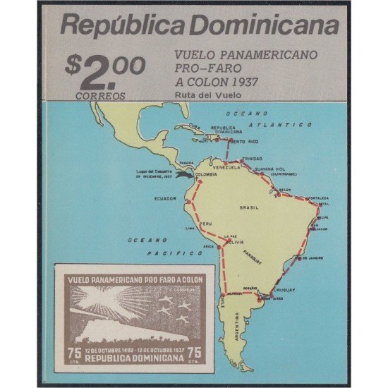 Rep. Dominicana HB 39 1987 Vuelo panamericano Ruta Mapa MNH Rep. Dominicana HB 39 1987 Vuelo panamericano Ruta Mapa MNH
