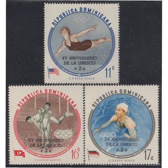 Rep. Dominicana A- 151/53 1962 XV Aniversario de la UNESCO olimpiadas Lucha Natación MH Rep. Dominicana A- 151/53 1962 XV Aniversario de la UNESCO olimpiadas Lucha Natación MH