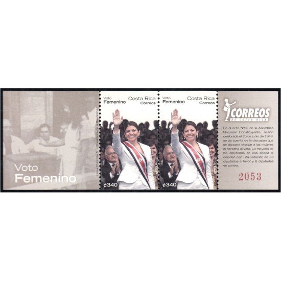 Costa Rica F927 2011 Minipliego Voto femenino Laura Chinchilla MNH Costa Rica F927 2011 Minipliego Voto femenino Laura Chinchilla MNH