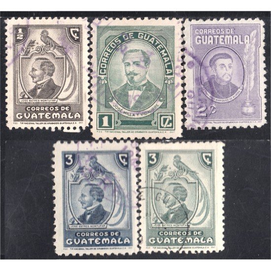 Guatemala 326/30 1945/48 Jose Batres José Milla Fray Enriquez de Rivera usados Guatemala 326/30 1945/48 Jose Batres José Milla Fray Enriquez de Rivera usados