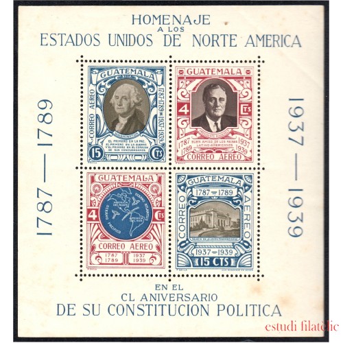 Guatemala HB 1 1938 Homenaje a los Estados Unidos de Norte América sin goma