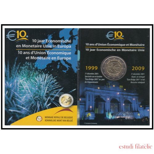Bélgica 2009 Cartera Oficial Coin Card Moneda 2 € conm X Aniv. de EMU