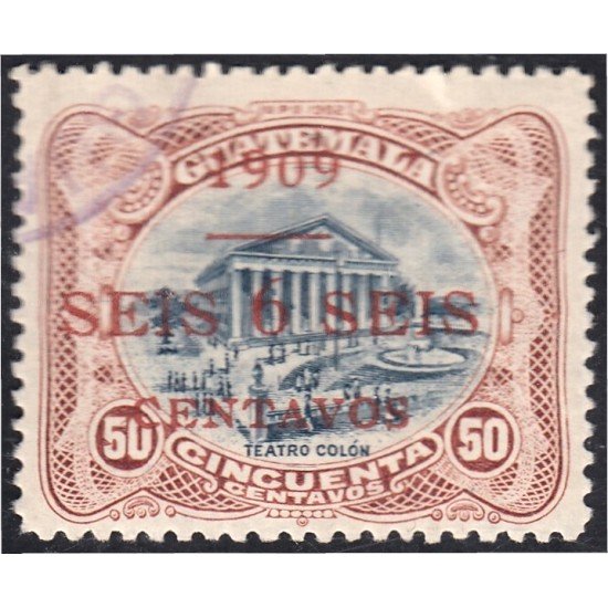 Guatemala 142a 1909 Sobrecarga roja Teatro Colón usado Guatemala 142a 1909 Sobrecarga roja Teatro Colón usado