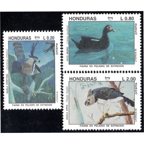 Honduras A- 837/39 1993 Fauna en peligro de extinción Aguila Copetona Pato NegroÁguila Arpía MNH Honduras A- 837/39 1993 Fauna en peligro de extinción Aguila Copetona Pato NegroÁguila Arpía MNH