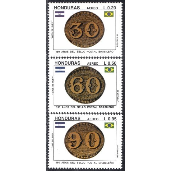Honduras A- 829/31 1993 150 Años del sello posatl brasileño MNH Honduras A- 829/31 1993 150 Años del sello posatl brasileño MNH