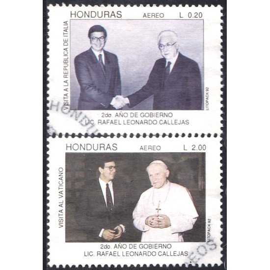 Honduras A- 774/75 1992 Rafel Leonardo Callejas Papa JUan Pablo II usados Honduras A- 774/75 1992 Rafel Leonardo Callejas Papa JUan Pablo II usados