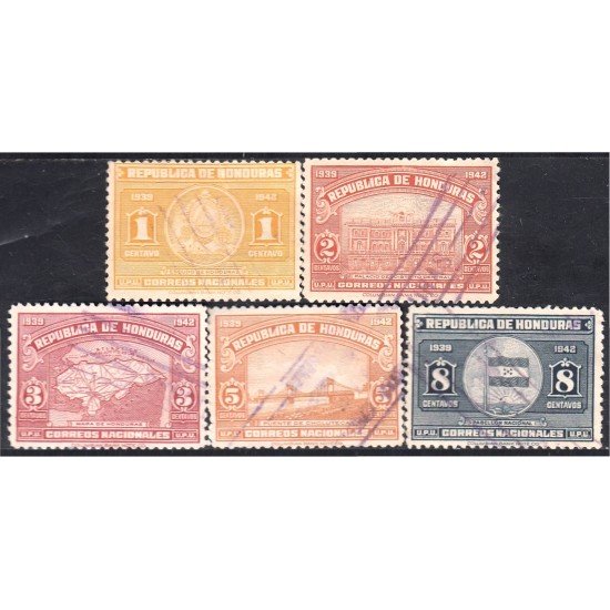 Honduras 255/59 1939 Palacio del Distrito Central Escudo Puente Pabellón usados Honduras 255/59 1939 Palacio del Distrito Central Escudo Puente Pabellón usados