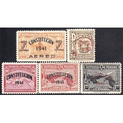 Panama A- 61/65 1941 Nueva constitución timbres de 1929  sin goma