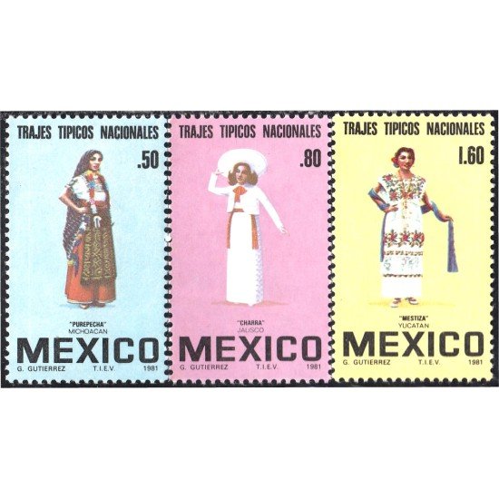 México 927/29 1981 Trajes típicos nacionales MNH México 927/29 1981 Trajes típicos nacionales MNH
