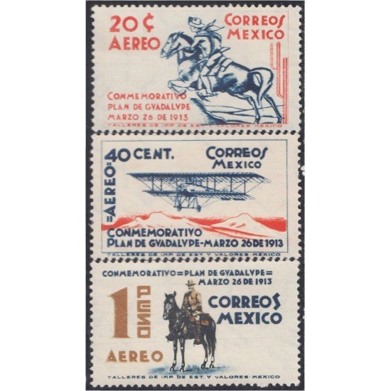 Mexico A- 73/75 1938 Conmemorativo Plan de Guadalupe Hombre Caballo Horse MH Mexico A- 73/75 1938 Conmemorativo Plan de Guadalupe Hombre Caballo Horse MH