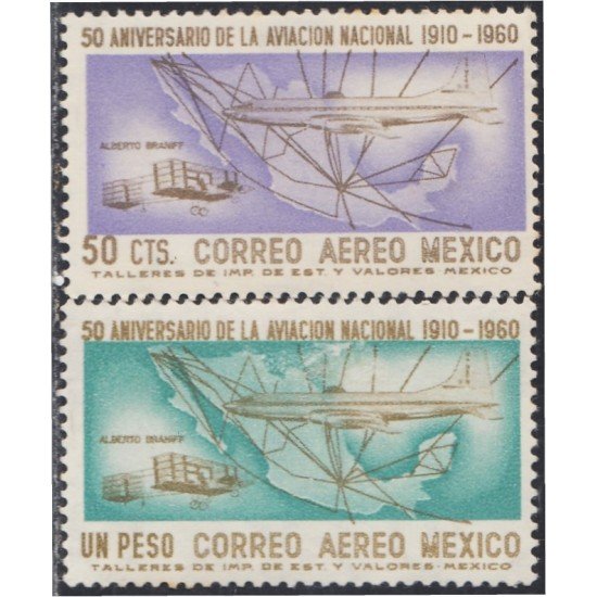 Mexico A- 209/10 1960 50 Aniversario de la Aviación Nacional Aeroplano MH Mexico A- 209/10 1960 50 Aniversario de la Aviación Nacional Aeroplano MH