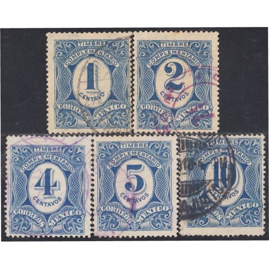 Mexico Taxas 1/5 1908/09 Timbre complementario usados Mexico Taxas 1/5 1908/09 Timbre complementario usados