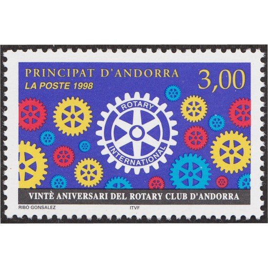 Andorra Francesa 500 1998 20 Aniversario del Club Rotary de Andorra MNH Andorra Francesa 500 1998 20 Aniversario del Club Rotary de Andorra MNH