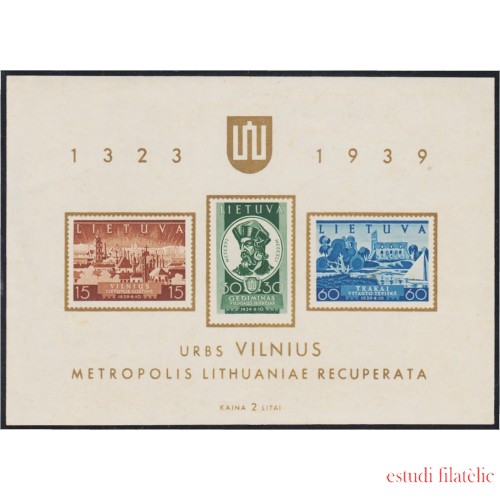 Lituania 2 HB 1939 Conmemoración del regreso de Vilna a Lituania MNH