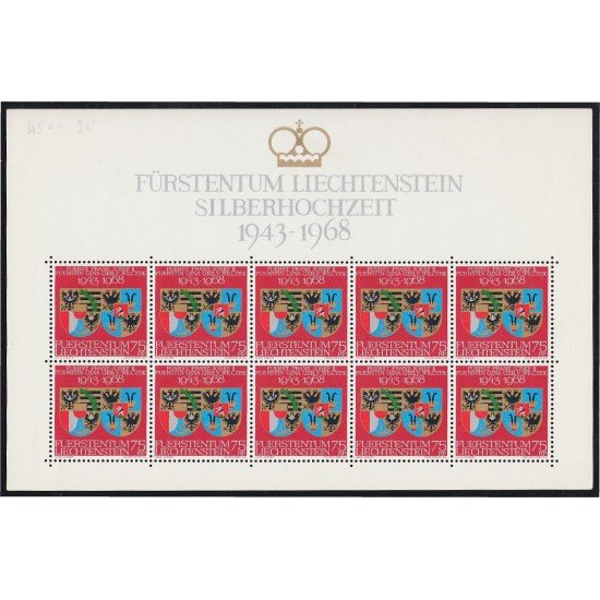 Liechtenstein 450 1968 Minihojita Boda de plata de la pareja principesca MNH Liechtenstein 450 1968 Minihojita Boda de plata de la pareja principesca MNH