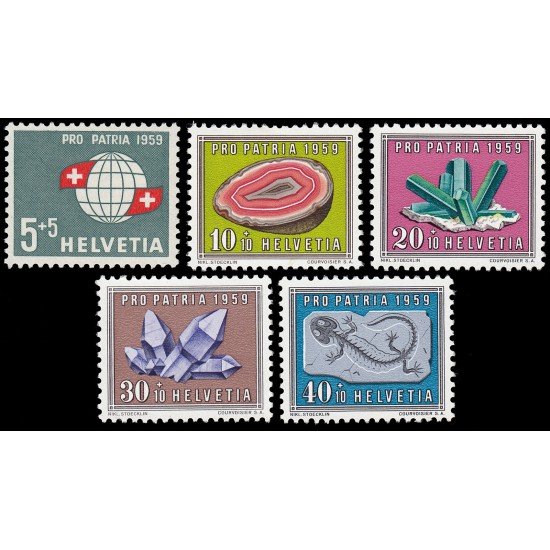 Suiza Switzerland 625/29 1959 Pro patria Bandera suiza Minerales MNH Suiza Switzerland 625/29 1959 Pro patria Bandera suiza Minerales MNH