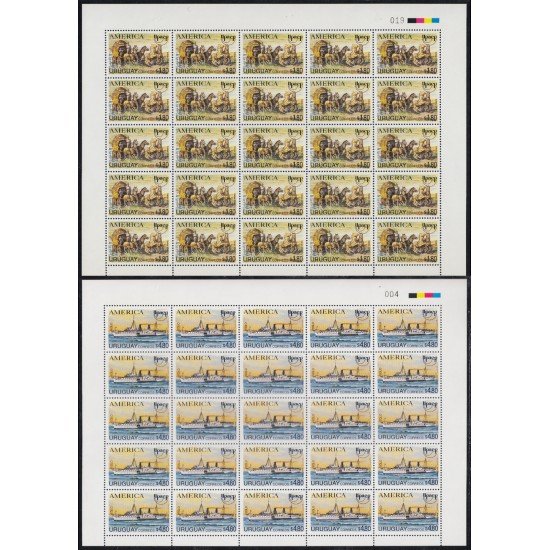 Upaep Uruguay 1487/88 1994 Hojas completas Carreta postal Barco y Eolo MNH Upaep Uruguay 1487/88 1994 Hojas completas Carreta postal Barco y Eolo MNH
