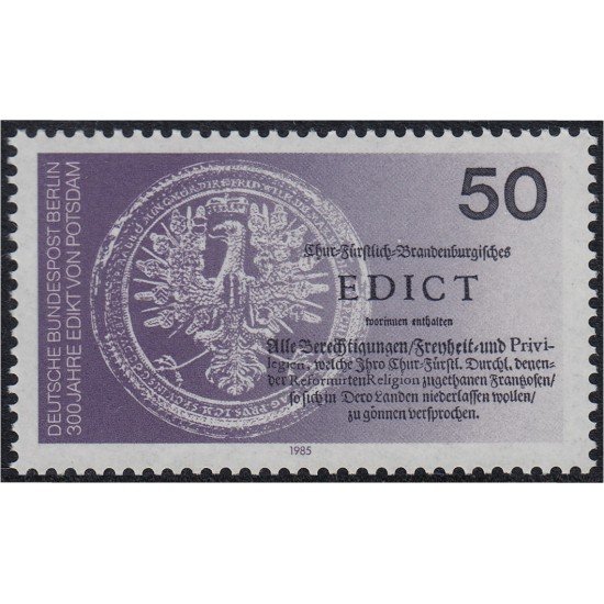 Alemania Berlín 708 1985 Sello y encabezado del documento por el cual el Gran Elector de Brandeburgo dio la bienvenida a los refugiados hugonotes MNH Alemania Berlín 708 1985 Sello y encabezado del documento por el cual el Gran Elector de Brandeburgo dio la bienvenida a los refugiados hugonotes MNH