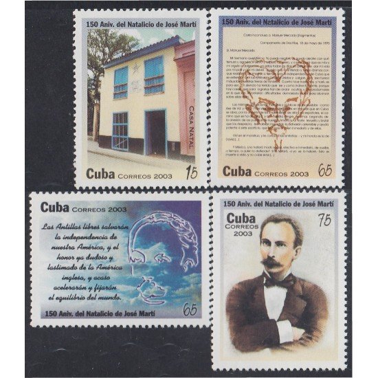 Cuba 4066/69 2003 150 Años del nacimiento de Jose Marti, patriota y escritor MNH Cuba 4066/69 2003 150 Años del nacimiento de Jose Marti, patriota y escritor MNH