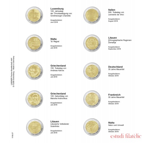Lindner 1118-27 Hojas individuales para monedas conmemorativas de 2 Euros