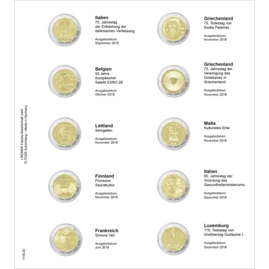 Lindner 1118-25 Hojas individuales para monedas conmemorativas de 2 Euros Lindner 1118-25 Hojas individuales para monedas conmemorativas de 2 Euros