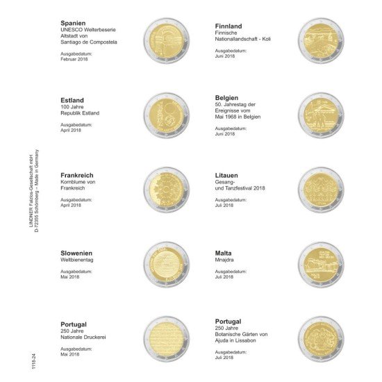 Lindner 1118-24 Hojas individuales para monedas conmemorativas de 2 Euros