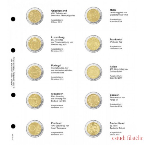 Lindner 1118-14 Hojas individuales para monedas conmemorativas de 2 Euros