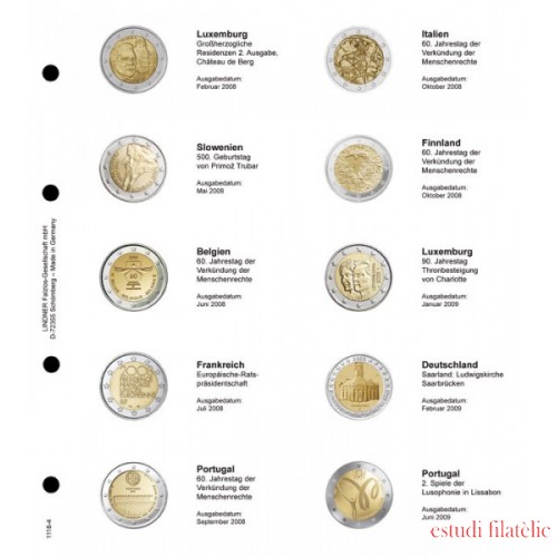 Lindner 1118-4 Hojas individuales para monedas conmemorativas de 2 Euros
