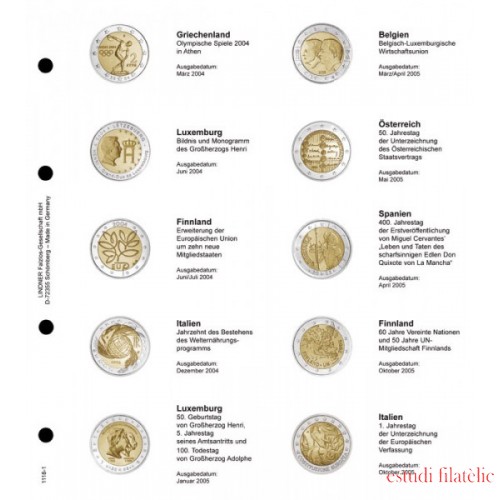 Lindner 1118-1 Hojas individuales para monedas conmemorativas de 2 Euros