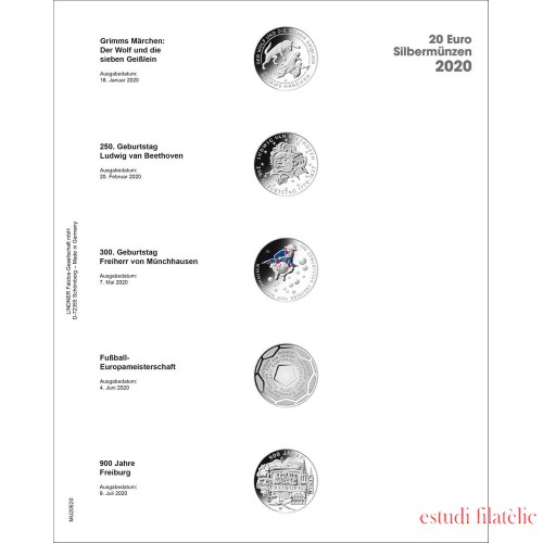 Lindner MU20E20 Hojas individuales pre-impresas Publica M para monedas de 20 Euros de Plata de Alemania