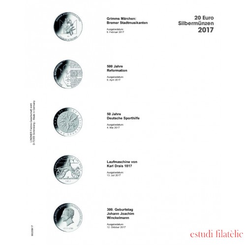 Lindner MU20E17 Hojas individuales pre-impresas Publica M para monedas de 20 Euros de Plata de Alemania