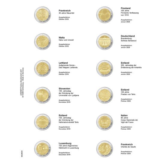 Lindner MU2E24 Hojas individuales pre-impresas para monedas de 2 Euros Lindner MU2E24 Hojas individuales pre-impresas para monedas de 2 Euros
