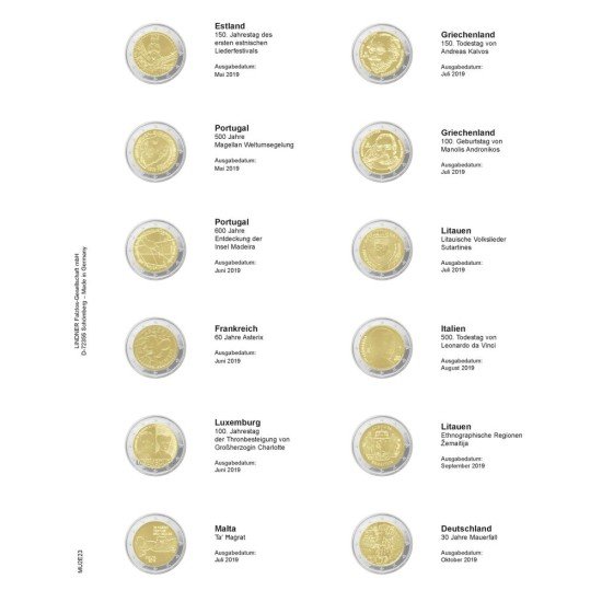 Lindner MU2E23 Hojas individuales pre-impresas para monedas de 2 Euros Lindner MU2E23 Hojas individuales pre-impresas para monedas de 2 Euros