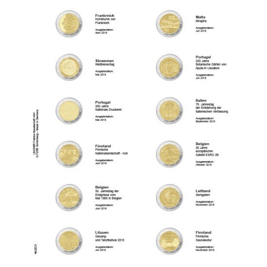 Lindner MU2E21 Hojas individuales pre-impresas para monedas de 2 Euros Lindner MU2E21 Hojas individuales pre-impresas para monedas de 2 Euros