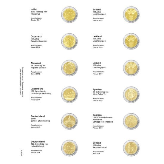 Lindner MU2E20 Hojas individuales pre-impresas para monedas de 2 Euros Lindner MU2E20 Hojas individuales pre-impresas para monedas de 2 Euros