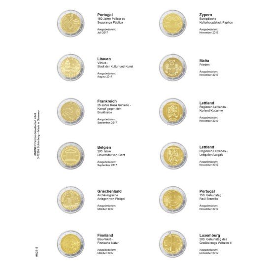 Lindner MU2E19 Hojas individuales pre-impresas para monedas de 2 Euros Lindner MU2E19 Hojas individuales pre-impresas para monedas de 2 Euros