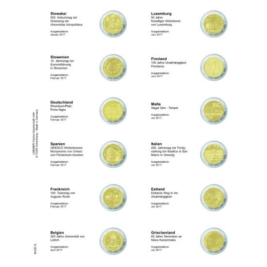 Lindner MU2E18 Hojas individuales pre-impresas para monedas de 2 Euros Lindner MU2E18 Hojas individuales pre-impresas para monedas de 2 Euros