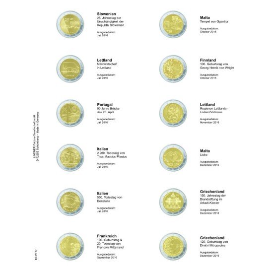 Lindner MU2E17 Hojas individuales pre-impresas para monedas de 2 Euros Lindner MU2E17 Hojas individuales pre-impresas para monedas de 2 Euros