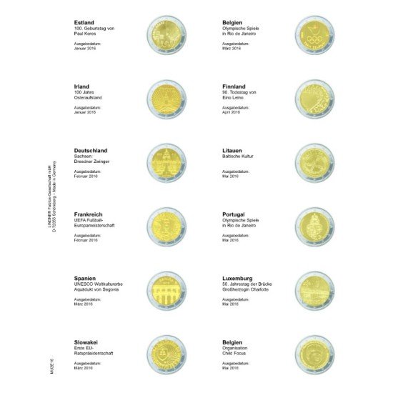 Lindner MU2E16 Hojas individuales pre-impresas para monedas de 2 Euros Lindner MU2E16 Hojas individuales pre-impresas para monedas de 2 Euros