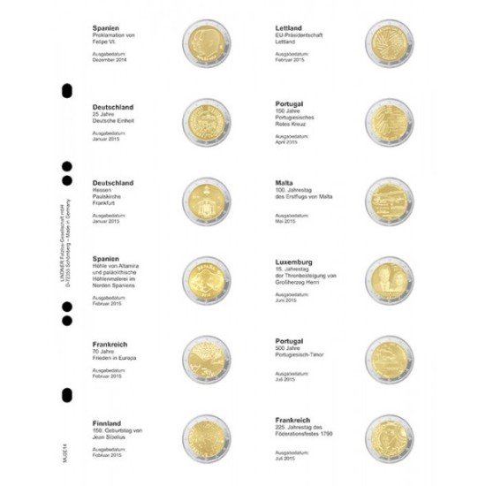 Lindner MU2E14 Hojas individuales pre-impresas para monedas de 2 Euros Lindner MU2E14 Hojas individuales pre-impresas para monedas de 2 Euros