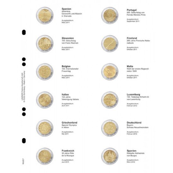 Lindner MU2E7 Hojas individuales pre-impresas para monedas de 2 Euros Lindner MU2E7 Hojas individuales pre-impresas para monedas de 2 Euros